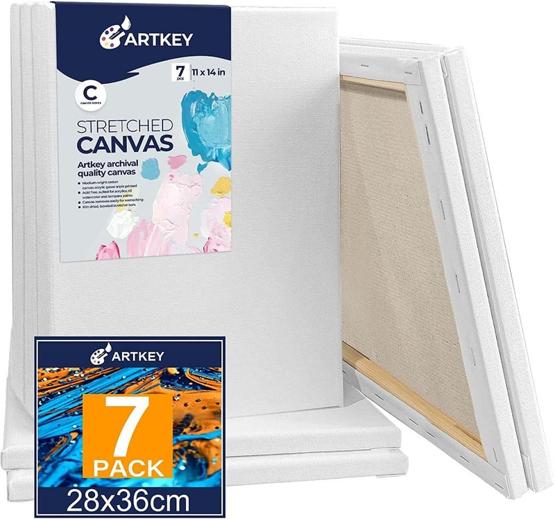 Artkey Stretched Canvases for Painting 11x14 Inch 7-Pack, 10 oz Triple Primed Acid-Free 100% Cotton Blank Canvas, Art Canvases for Oil Paint Acrylics Pouring & Wet Art Media, Pour Painting - Image 1